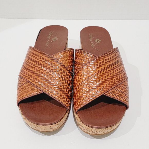 Patricia Nash Sandals Womens Size 8.5 M Luca Leather Slide Wedge Cognac Heels - Picture 4 of 16